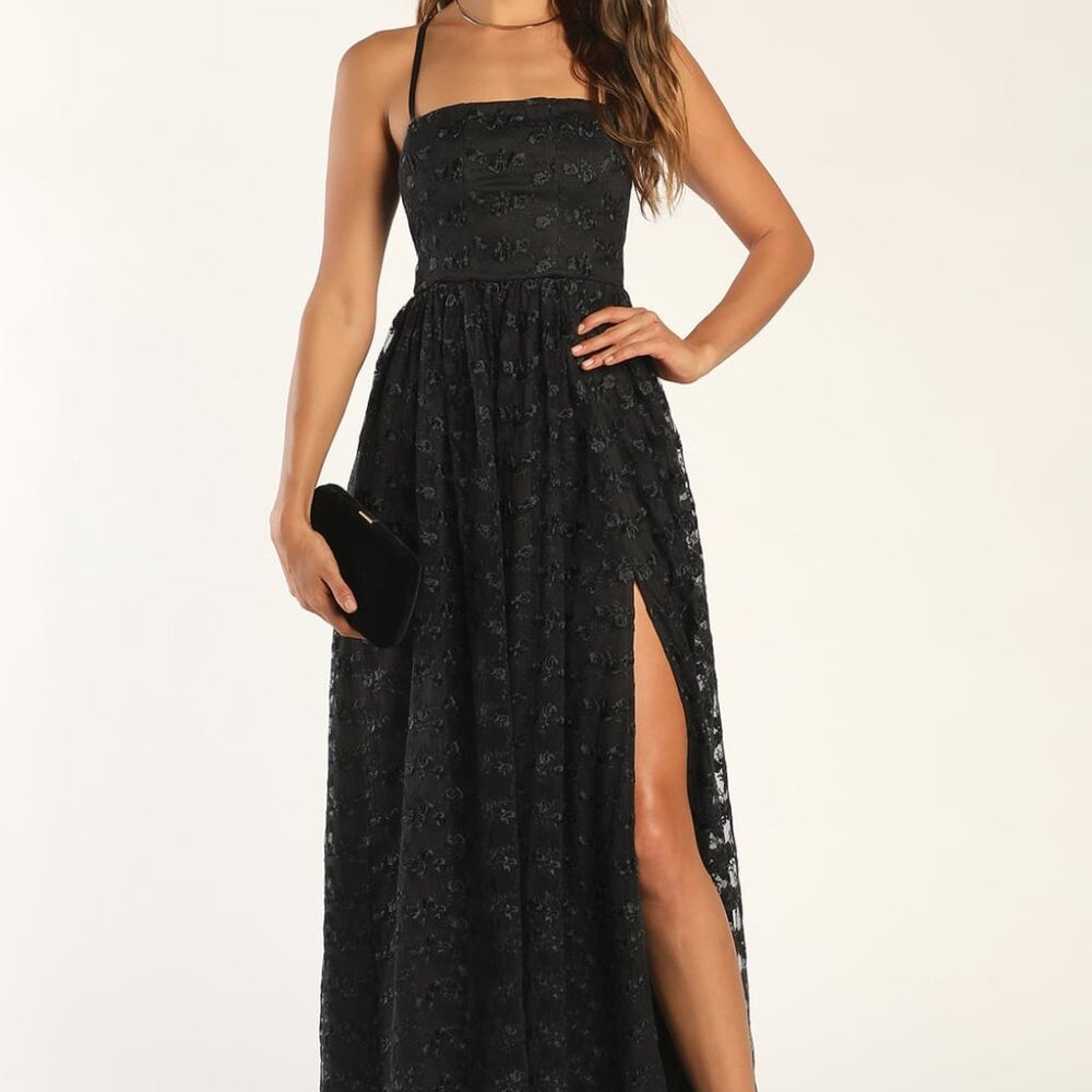 Lulus Pursuing Elegance Black Floral Embroidered Lace-up Maxi Dress - Size XL - Picture 2 of 4